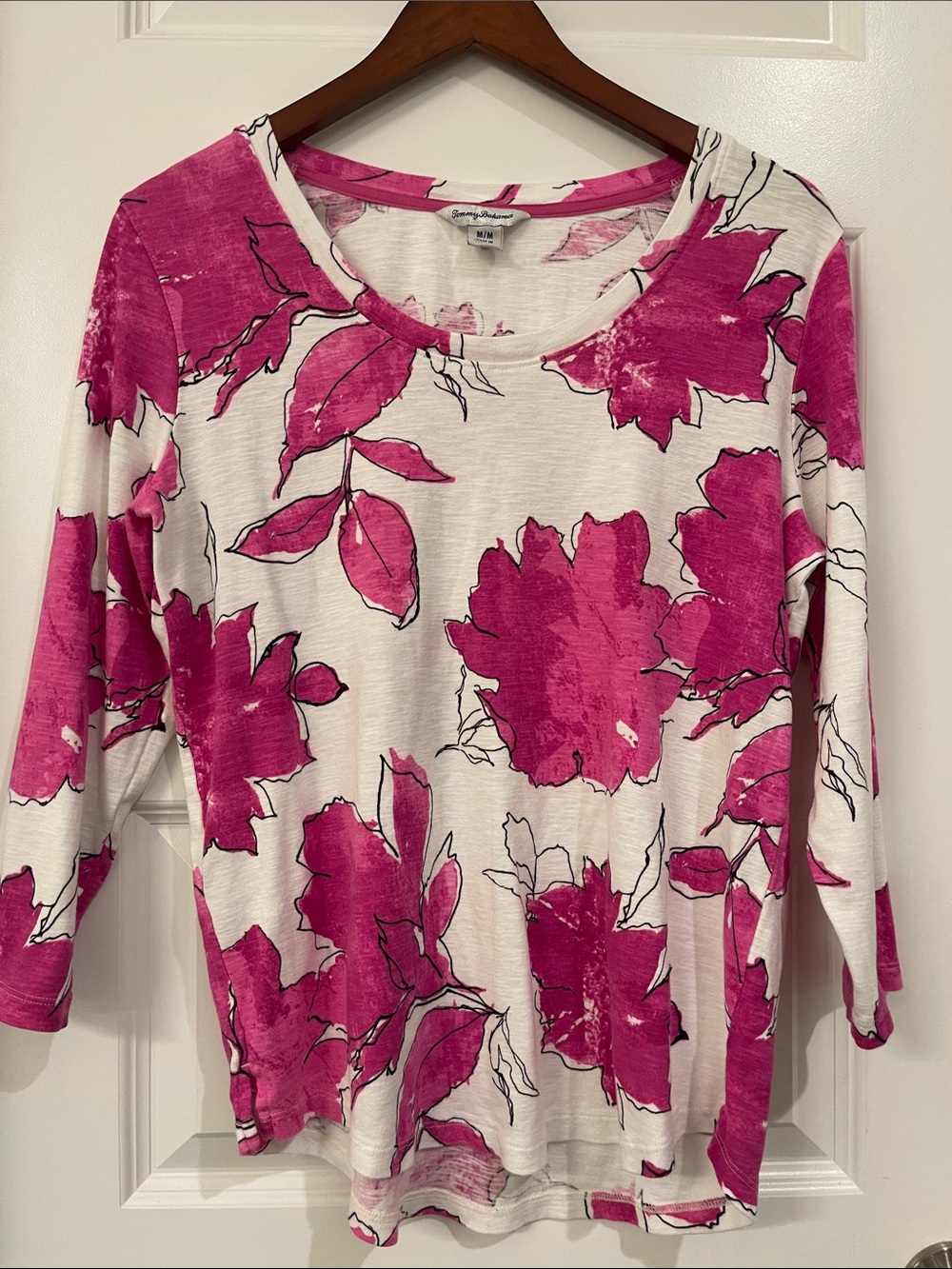 Tommy Bahama White Scoop Neck Long Sleeve Top with Pink Floral Print